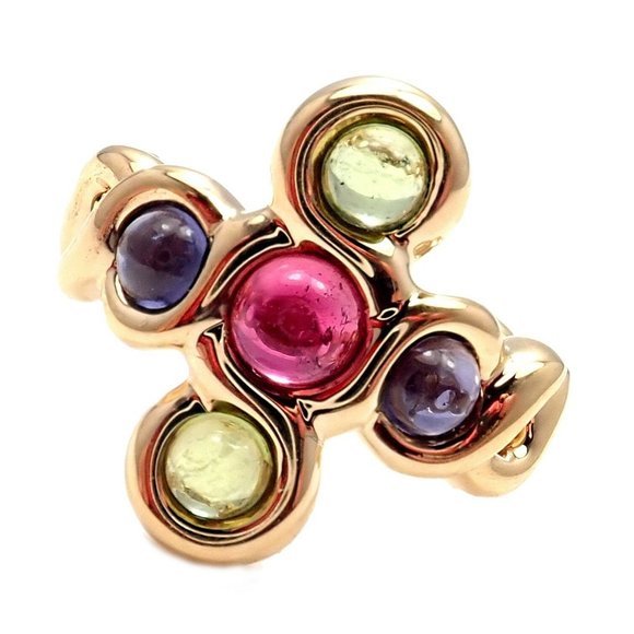 Authentic! Chanel 18k Yellow Gold Pink Green Tourmaline Ring sz 4.5 - Picture 1 of 7